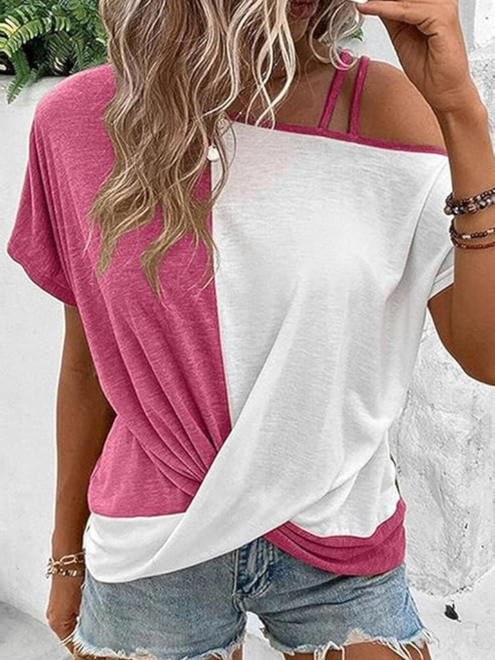 Pink & White Cold Shoulder Twist-Front Top | Small